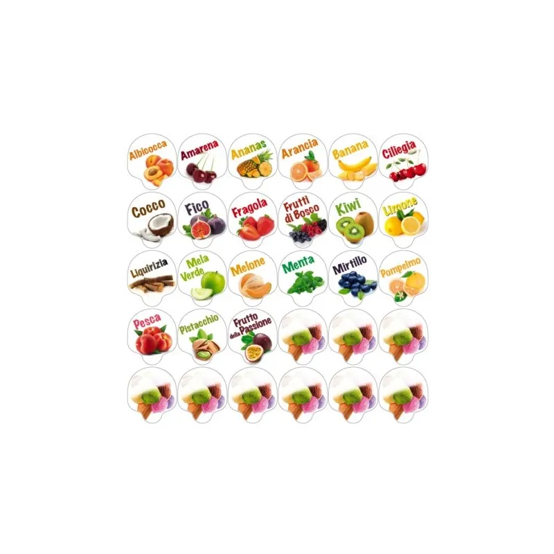 Kit Cartellini Segnagusto in PVC 30 Pz Gusto Frutta per Gelateria Kit Cartellini Segnagusto in PVC 30 Pz Gusto Frutta per Gelateria