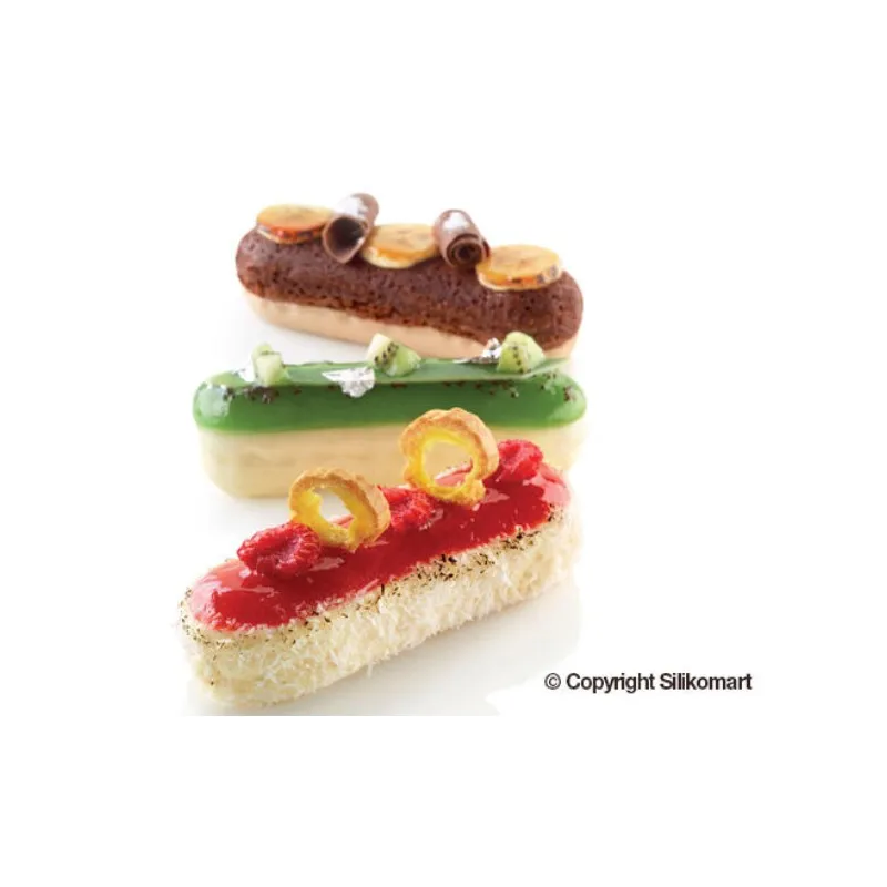 Silikon-Backform-Set für 6 Éclairs von Silikomart mit Ausstecher Silikon-Backform-Set für 6 Éclairs von Silikomart mit Ausstecher