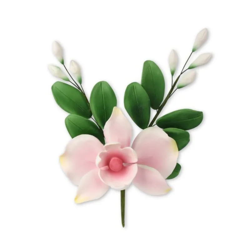 Pink Orchid Branch with Leaf in Pastillage, L20.5 x H20 Pink Orchid Branch with Leaf in Pastillage, L20.5 x H20