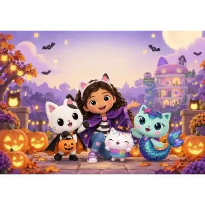 Personalisierbarer Halloween-Tortenaufleger – Gabby und die Katzen