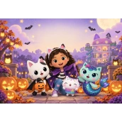 Personalisierbarer Halloween-Tortenaufleger – Gabby und die Katzen