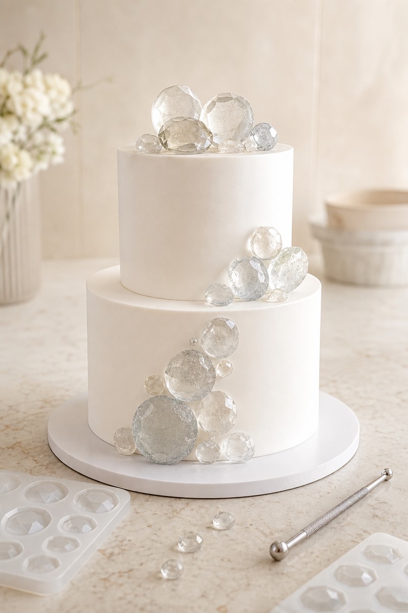 Torta a piani decorata con elementi trasparenti effetto diamante